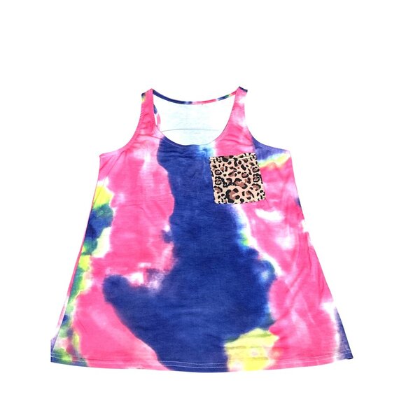 CCC Colorful Tie Dye Tank Top Leopard Print Chest Pocket Sleeveless Shirt Size S - Picture 7 of 11